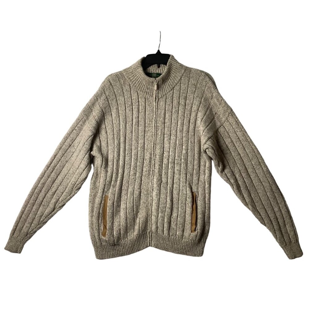 Vtg‎ Orvis Wool Blend Elbow Patches Full Zip Cardigan Sweater Men Large Oatmeal